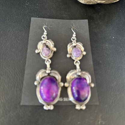 Navajo Purple Sugilite Dangle Earrings | Sterling Silver | 2" | Authentic Native American Handmade | 14402