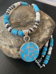 Southwestern Zuni Turquoise Necklace | Sterling Silver Inlay Pendant | Authentic Native American Handmade | 2089