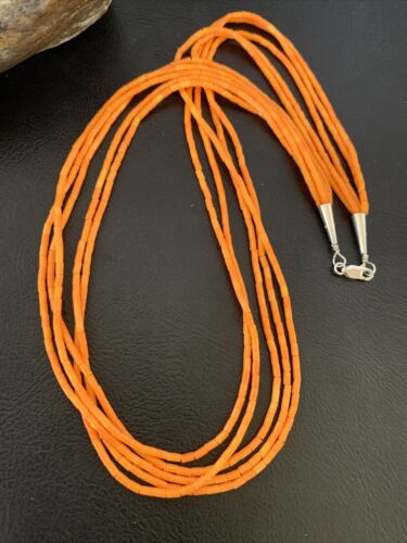 Navajo Orange Coral Heishi Necklace | 5 Strand | Stabilized Sterling | 20" | 02211