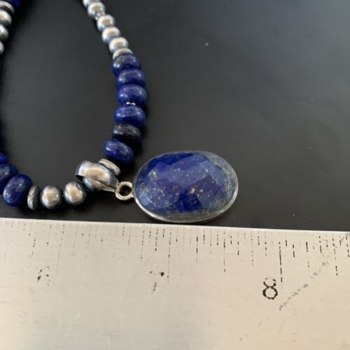 Navajo Sterling Silver Bead Necklace | Lapis Lazuli Faceted Pendant | Authentic Native American Handmade | 11367