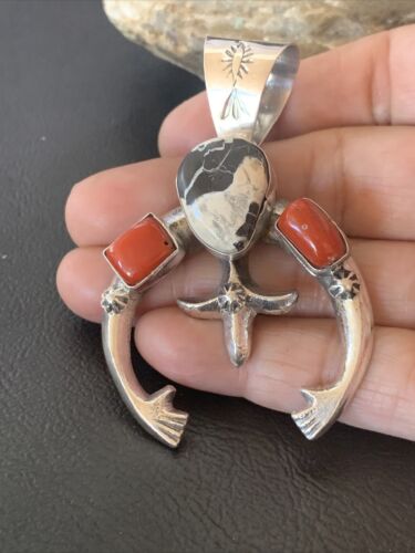 Navajo White Buffalo Turquoise Coral Naja Pendant | Sterling Silver | Authentic Native American Handmade | 11574 - Masha USA