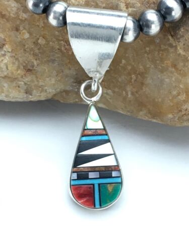 Turquoise Multi-Stone Inlay Pendant | Sterling Silver Bead Necklace 1.75" | Navajo Jewelry 2705