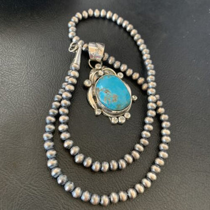 Men's Navajo Pearls Necklace with Blue Kingman Turquoise Pendant | Sterling Silver | Native American Handmade | 12596