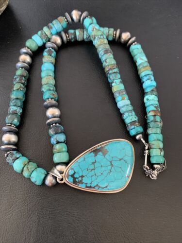 Navajo Pearls Spiderweb Beads Turquoise Necklace Pendant | Sterling Silver | Authentic Native American Handmade | 10239