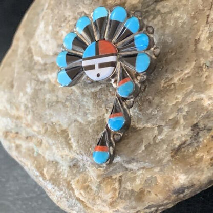 Zuni Turquoise Mother of Pearl Onyx Inlay Sun Face Necklace Pin Pendant | Sterling Silver | 1679