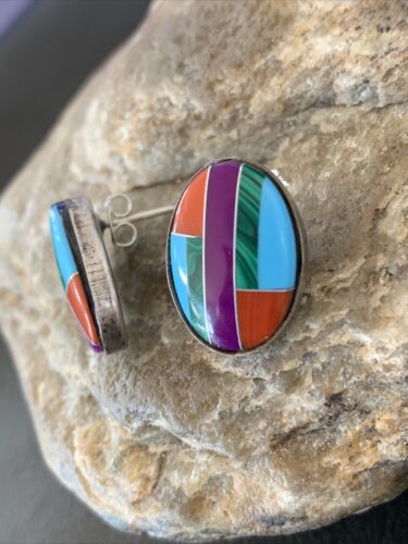 Navajo Multi-Color Turquoise Coral Inlay Earrings | Sterling Silver | Authentic Native American Handmade | 1716