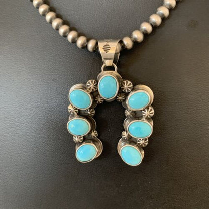 Navajo Sterling Silver Blue Turquoise Squash Blossom Necklace with Naja Pendant | 02011
