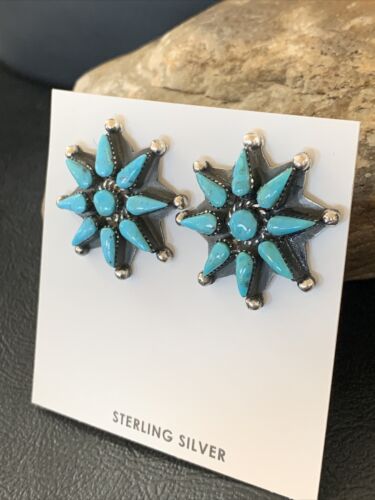Navajo Blue Cluster Turquoise Stud Earrings | Sterling Silver | Authentic Native American Handmade | 12303
