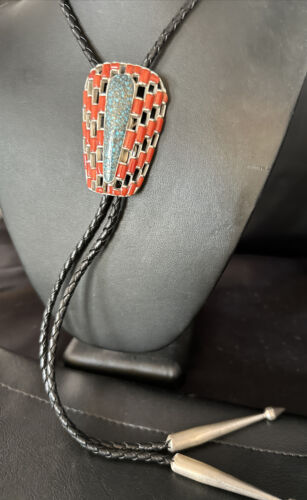 Ultra Rare Native American Men's Bolo Tie | Blue Kingman Turquoise & Coral | Sterling Silver | 14225