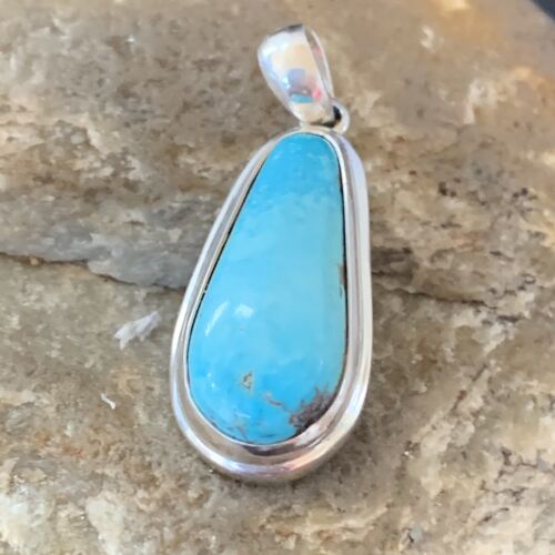 Navajo Blue Bisbee Turquoise Pendant | Sterling Silver | 1" | Authentic Native American Handmade | 1628