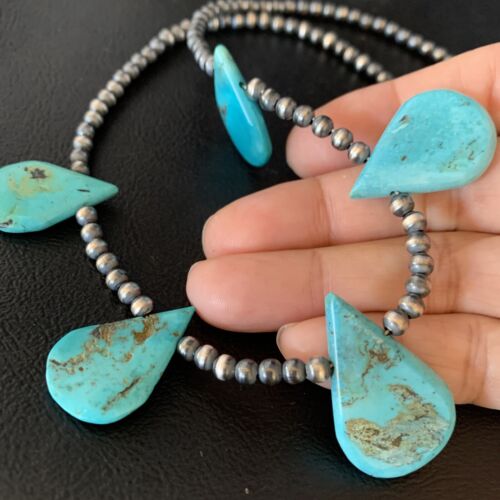 Navajo Teardrop Blue Turquoise Necklace | Sterling Silver Pearls | 20" | Authentic Native American Handmade | 13967