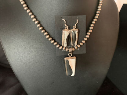 Navajo White Buffalo Turquoise Pendant | Sterling Silver Dangle Earrings | Authentic Native American Handmade | 14100
