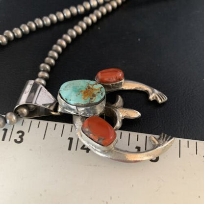 Navajo Pearl Necklace with Royston Turquoise & Coral Naja Pendant | Sterling Silver | 13643