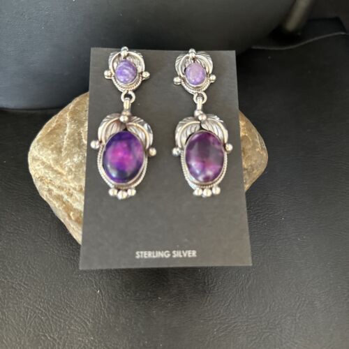 Navajo Purple Sugilite Dangle Earrings | Sterling Silver | 2" | Authentic Native American Handmade | 14405