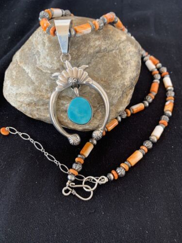 Sterling Blue Turquoise Naja Pendant | Navajo Pearls Spiny Oyster Necklace | Southwestern | 00262