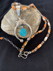 Sterling Blue Turquoise Naja Pendant | Navajo Pearls Spiny Oyster Necklace | Southwestern | 00262