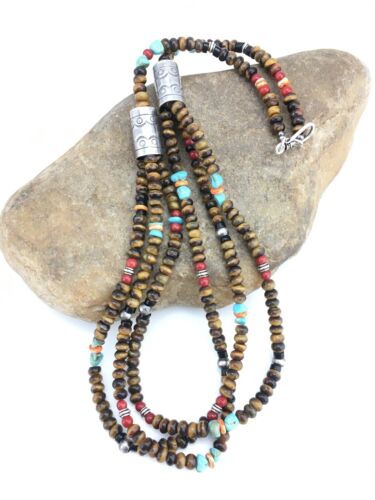 Navajo Multi-Color 3 Strand Necklace | Tiger's Eye & Turquoise | Sterling Silver | 4896