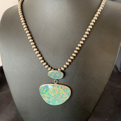 Navajo Blue Gilson Opal Inlay Pendant Necklace | Authentic Native American Sterling Silver | Multi-Stone | 11457 - Masha USA