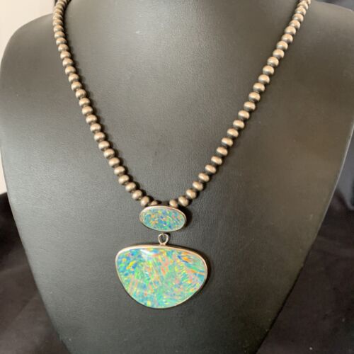 Navajo Blue Gilson Opal Inlay Pendant Necklace | Authentic Native American Sterling Silver | Multi-Stone | 11457