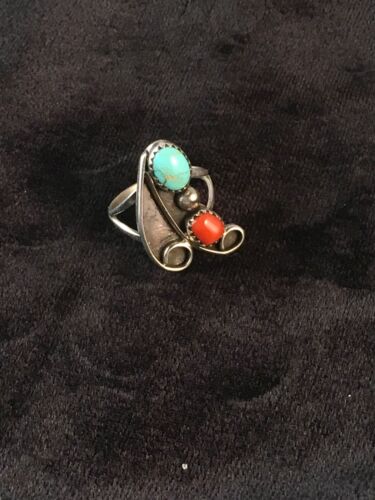 Navajo Turquoise & Coral Ring | Authentic Native American Sterling Silver | Multi-Stone | Sz 6.5 | 8714