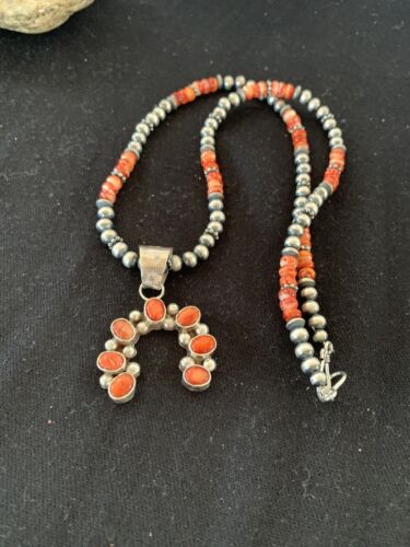 Navajo Red Spiny Oyster Naja Pendant | Sterling Silver Pearls | Authentic Native American Handmade | 140