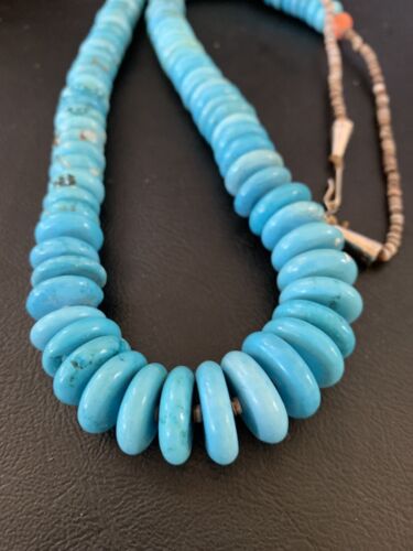 Navajo Pearls Bead Necklace with Blue Turquoise | Sterling Silver | 28" | Authentic Native American | 12537