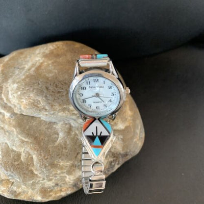 Authentic Native American Zuni Sterling Silver Watch Tips | Onyx, Coral, Turquoise Inlay | Women's | 11577
