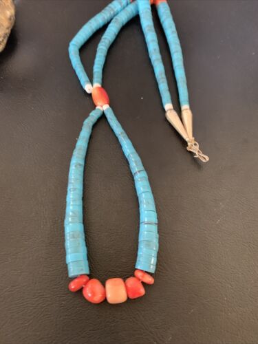 Southwestern Santo Domingo Pink Coral Blue Turquoise Jacla Necklace | 20" | Authentic Native American Handmade | 12516