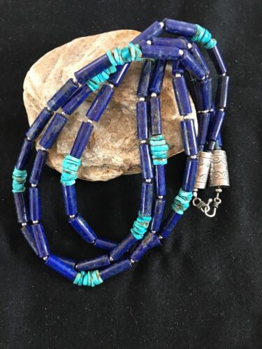 Turquoise Denim Lapis Multi Strand Navajo Necklace | Sterling Silver 23" | Southwestern | 3318