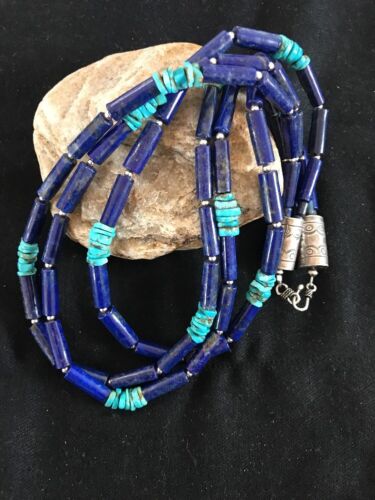 Turquoise Denim Lapis Multi Strand Navajo Necklace | Sterling Silver 23" | Southwestern | 3318 - Masha USA
