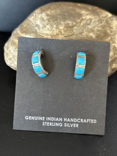Navajo Blue Turquoise Inlay Earrings | Sterling Silver | 1" | Authentic Native American Handmade | 14776