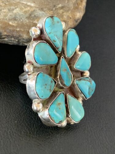 Navajo Blue Turquoise Multi-Stone Cluster Ring | Authentic Native American Sterling Silver | Sz 10 | 02191