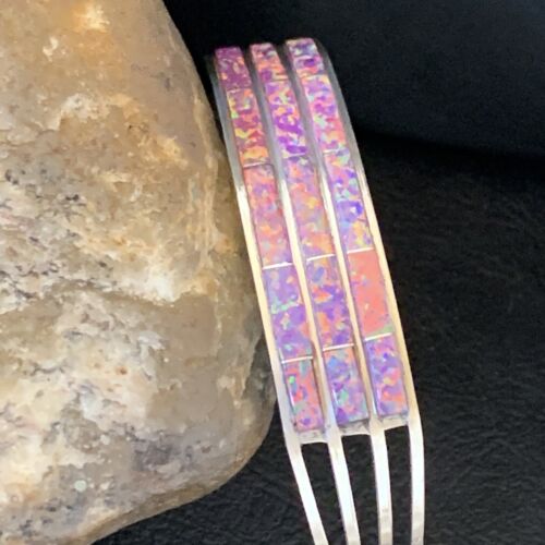 Native American Zuni Purple Opal Inlay Cuff Bracelet | Sterling Silver | 3 Row | 1643