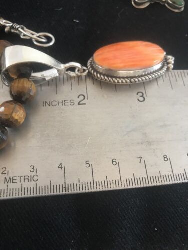 Navajo Spiny Oyster Pendant with Tigers Eye | Sterling Silver Necklace | Authentic Native American Handmade | 3652