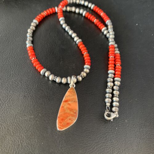 Navajo Red Apple Coral Pendant Necklace | Sterling Silver | Authentic Native American Handmade | 13934