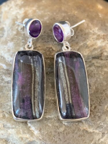 Navajo Purple Sugilite Amethyst Dangle Post Earrings | Sterling Silver | Authentic Native American Handmade | 1566