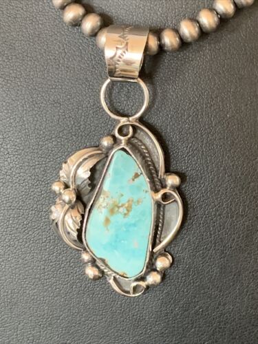 Men's Sterling Silver Blue Dry Creek Turquoise Pendant | Navajo Pearl Necklace 21" | 12975