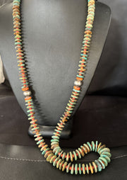 Navajo Turquoise & Red Spiny Oyster Necklace | Sterling Silver | Authentic Native American | 32" | 14382