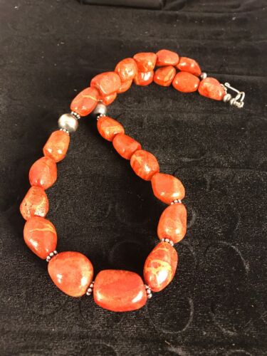 Navajo Apple Coral Sponge Bead Necklace | Sterling Silver | Authentic Native American Handmade | 22" | 8526