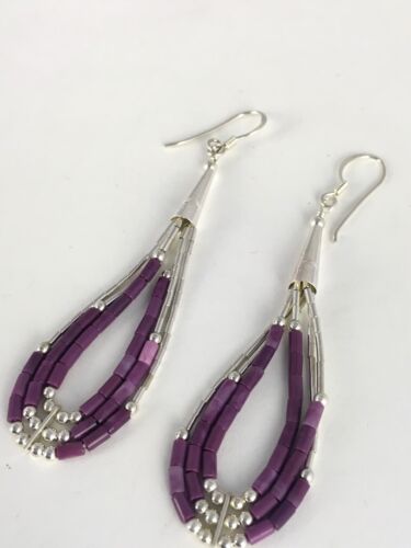 Native American Sugilite Heishi Tube Dangle Earrings | Sterling Silver | 2" | 8874