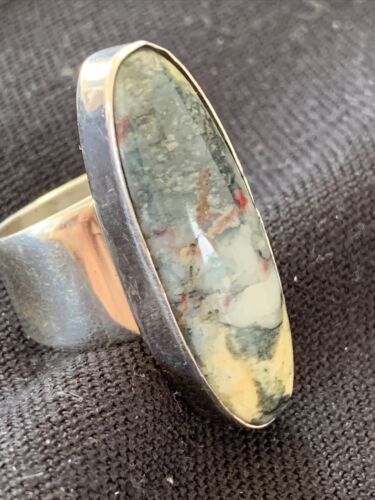 Southwestern Navajo Cinnabrite Ring | White Black | Sterling Silver | Sz 7.5 | 01559