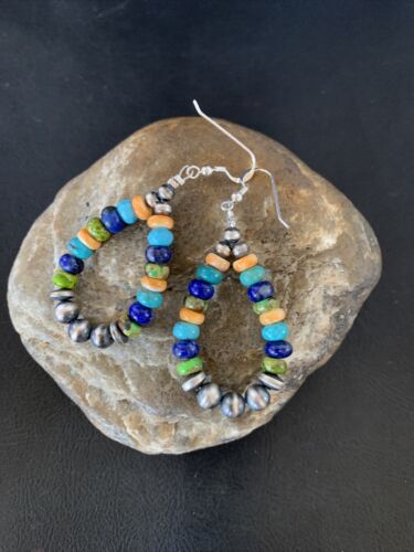 Navajo Multi-Color Lapis Spiny Turquoise Dangle Earrings | Sterling Silver | Authentic Native American Handmade | 12977