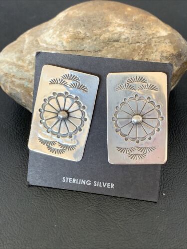 Women's Navajo Sterling Silver Stamped Earrings | 1.5" | Authentic Native American Handmade | 1664