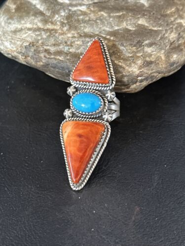 Navajo Orange Spiny Oyster Multi-Stone Ring | Authentic Native American Sterling Silver | Multi-Stone | Sz 6.5 | 14505
