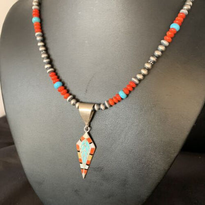 Navajo Blue Turquoise Coral Pendant Necklace | Sterling Silver Inlay | Authentic Native American Handmade | 13840