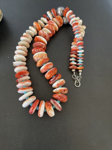 Navajo Turquoise & Red Spiny Oyster Necklace | Sterling Silver | Authentic Native American | Graduated | 22" | 10589 - Masha USA