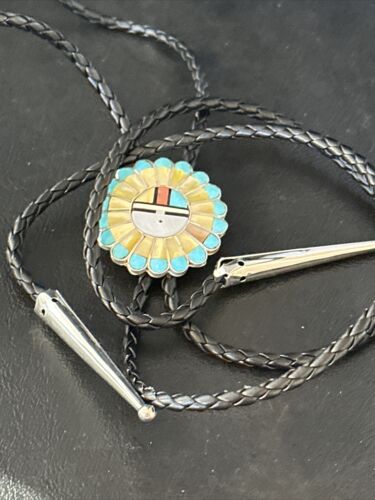 Men's Bolo Tie | Zuni Sunface Mother of Pearl Coral Turquoise Inlay | Sterling Silver | 14755