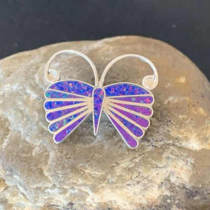 Zuni Purple Opal Butterfly Necklace Pin Pendant | Sterling Silver | Authentic Native American Handmade | 11974