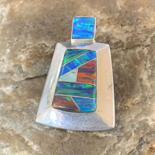 Navajo Blue Red Opal Inlay Pendant | Sterling Silver | Authentic Native American Handmade | 13340