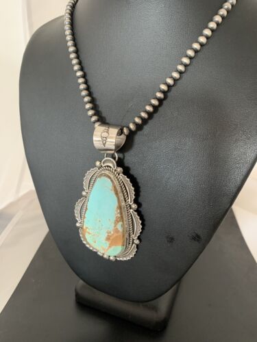 Men's Navajo Pearls Necklace with Blue Royston Turquoise Pendant | Sterling Silver | Native American | 335